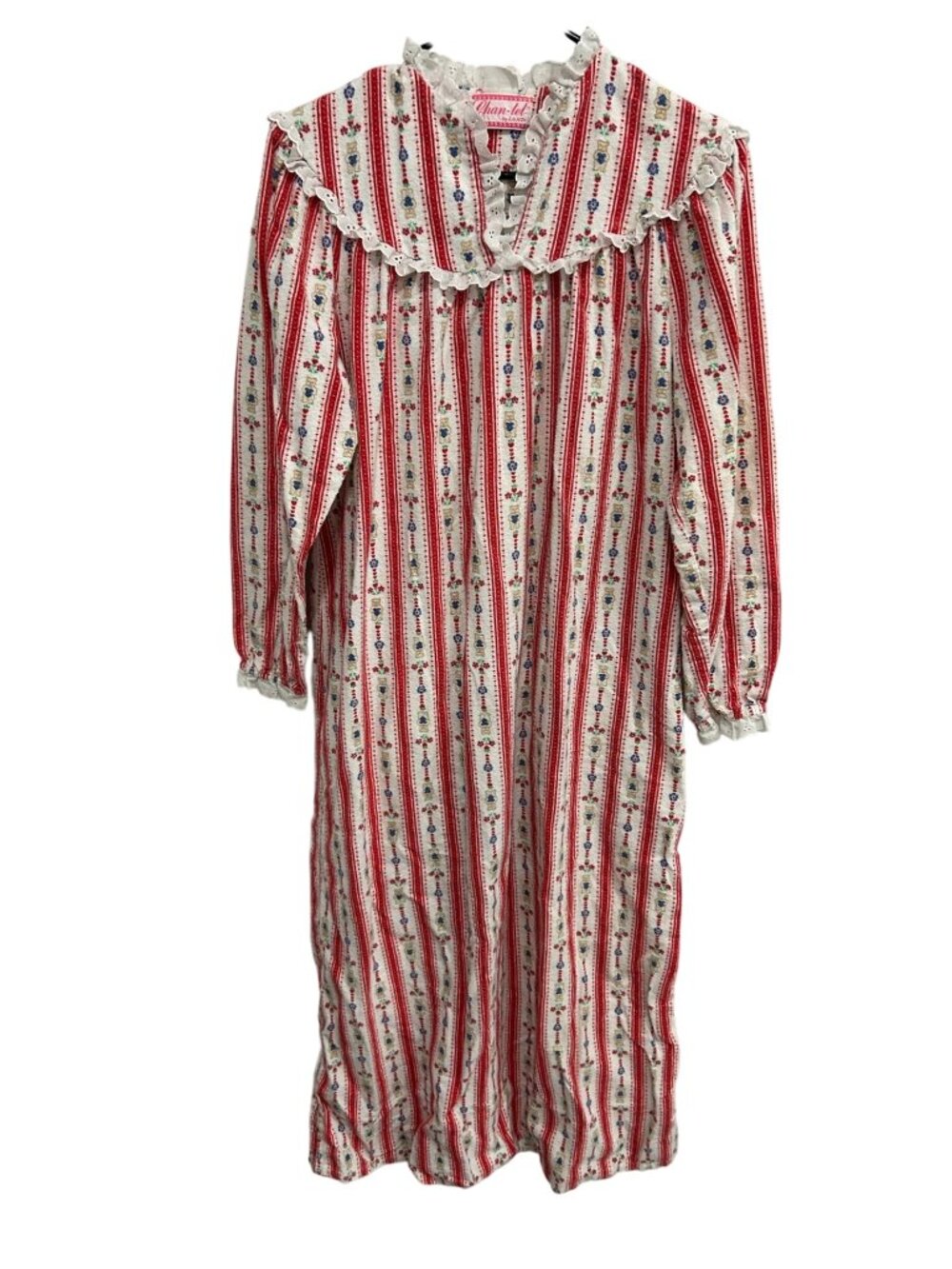 Vintage Chan-Tel Lanz Long Sleeve Nightgown Lace Collar Red Floral Stripes Size